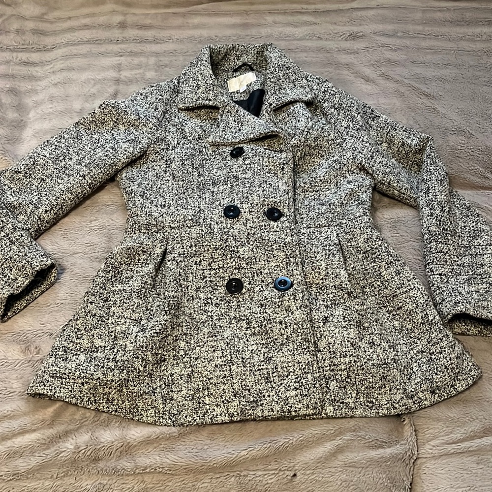 Black, Gray & White Boucle Tweed-Like Peacoat Size Large